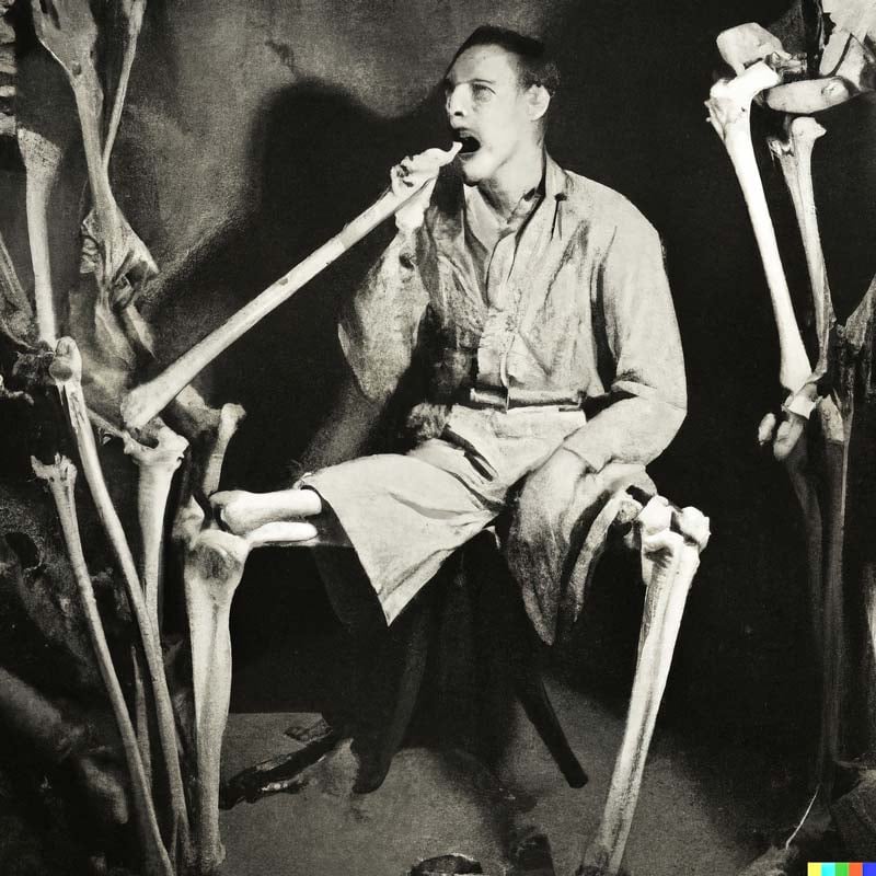 Vomit #3 - AI generated photograph showing sub-human man with bones as arms. He is also surrounded by bones.