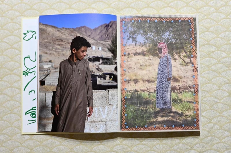 Extract from a photobook by Rehab Eldalil. The left page features a young boy in front of a construction site. The right page is a man with decorative embroidery outlining his clothing and as a border.