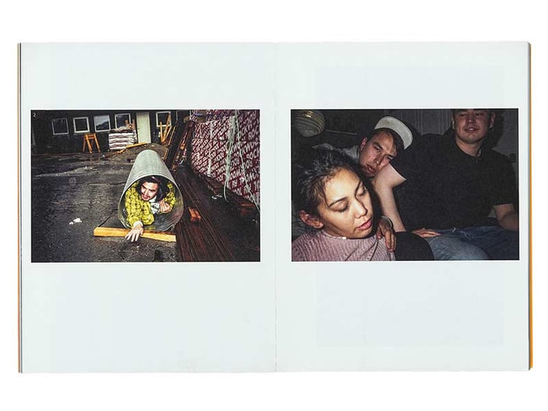 Spread of two pages from a photobook. The left shows a man inside a building tube. The right shows three people looking tired at a gathering 