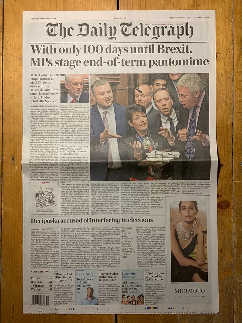Photo by Mark Duffy showing the front page of The Daily Telegraph on December 2018