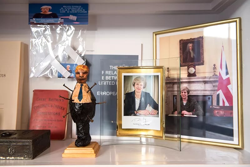 Photo by Mark Duffy of a selection of Brexit memorabilia including photos of Teresa May 