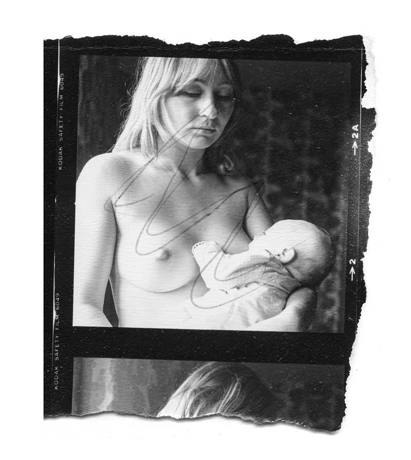 Ripped contact print of a medium format contact print. It shows Christiaens feeding from her mother’s breast, a scrawl of biro rippling across the image of her mother.  