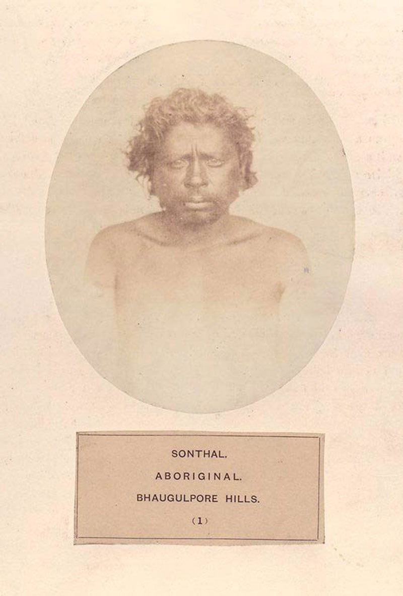 Page from 'People of India' photobook showing portrait of an aboriginal man