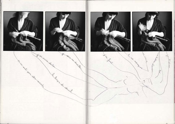 A series of photos of a woman knitting accompanied by line drawings of a body and French phrases - Anne De Galas
