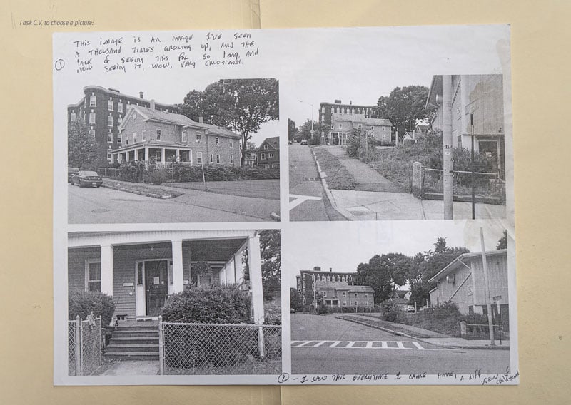 Set of four black and white images of buildings and streets in Boston