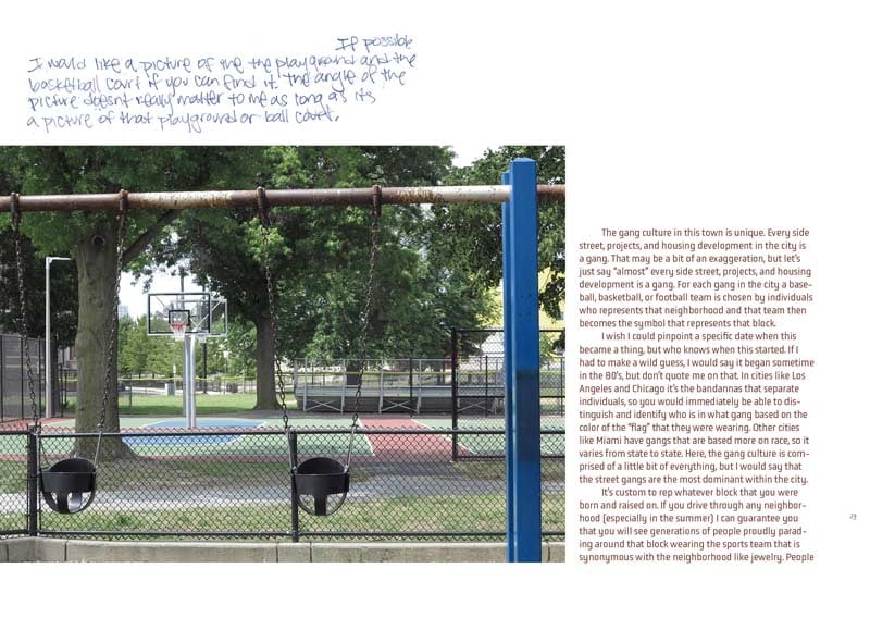 Playground and basketball court where a student played as a youth, accompanied by handwritten and printed text about gang culture