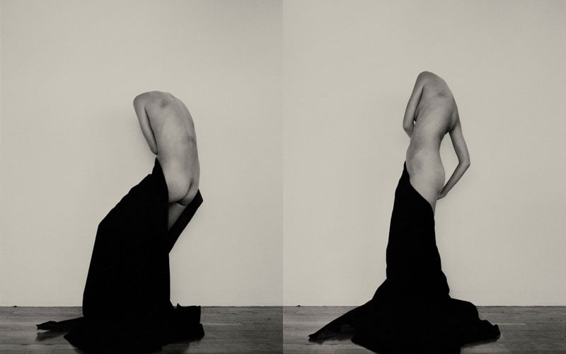 Two black and white images of a woman's body side by side