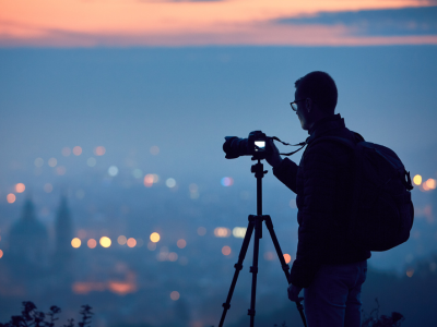 Photographer using a camera on tripod to photograph a sunset