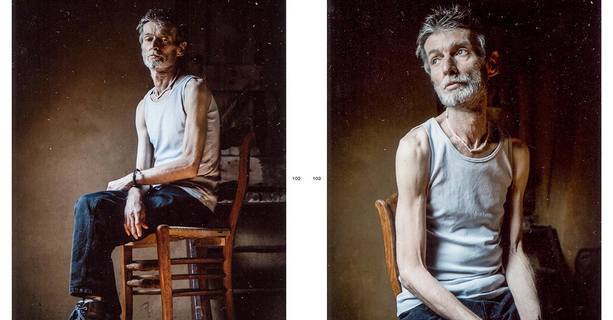 Two photographs of a thoughtful man in a vest sitting on a wooden chair