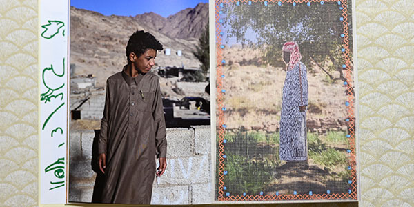 Two-page extract from photobook by Rehab Eldalil. The left page features a young boy in front of a construction site. The right page is a man next to a tree with decorative embroidery outlining his clothing and as a border.