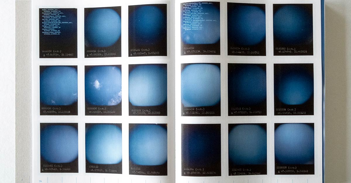 1078 Blue Skies/4432 Days, Anton Kusters - photographs of 18 blue skies in a grid layout